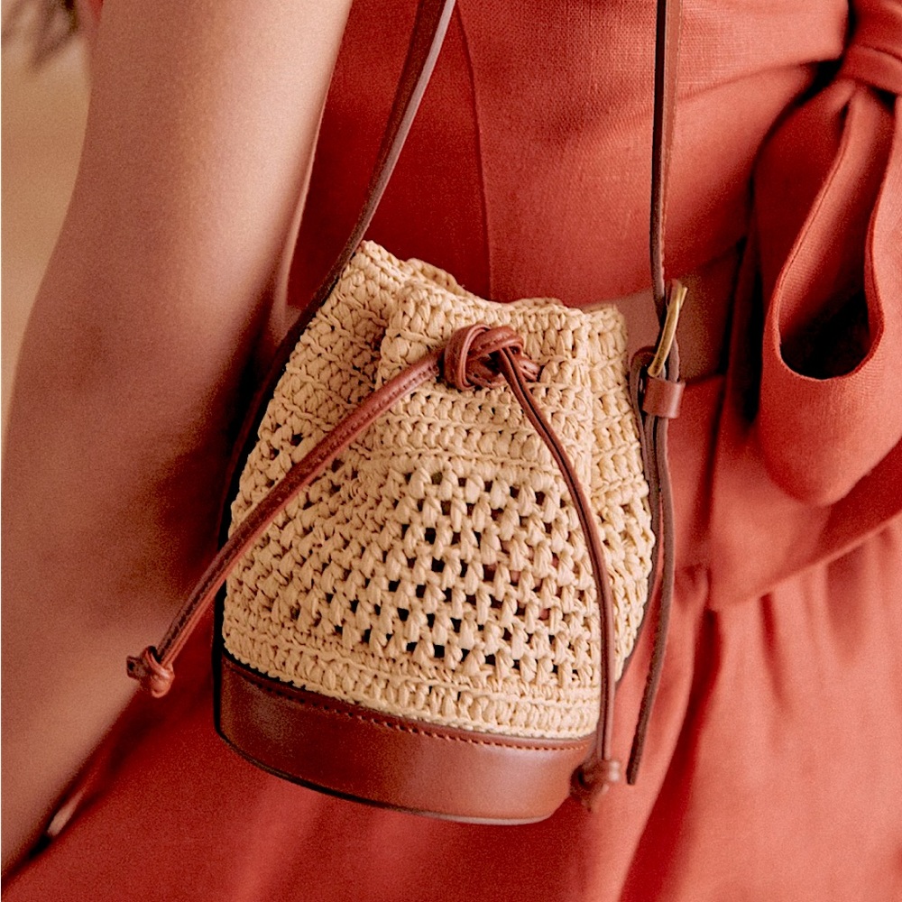 SEZAN NANO FARROW Mini Bucket Bag Natural Raffia NWT